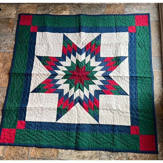 Vtg Handmade Hand Embroidered Star Of Bethlehem Tapestry Quilt Wall Hanging 41" x 43" Blue Green Red Maroon  White