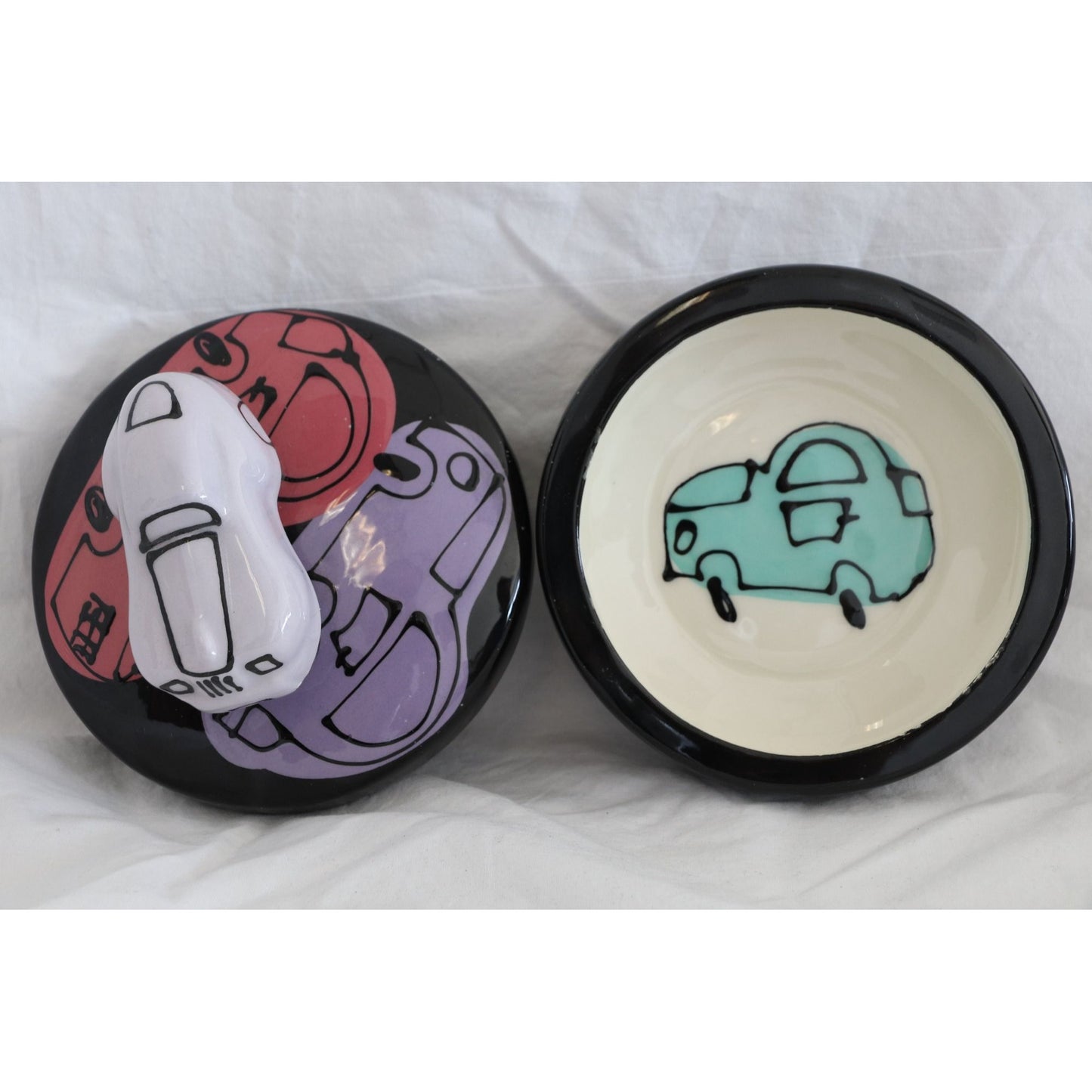 Vtg 1970's Studio Ceramic Art "Cars" On A Trinket Box One Of A Kind Handmade Signed By Artist