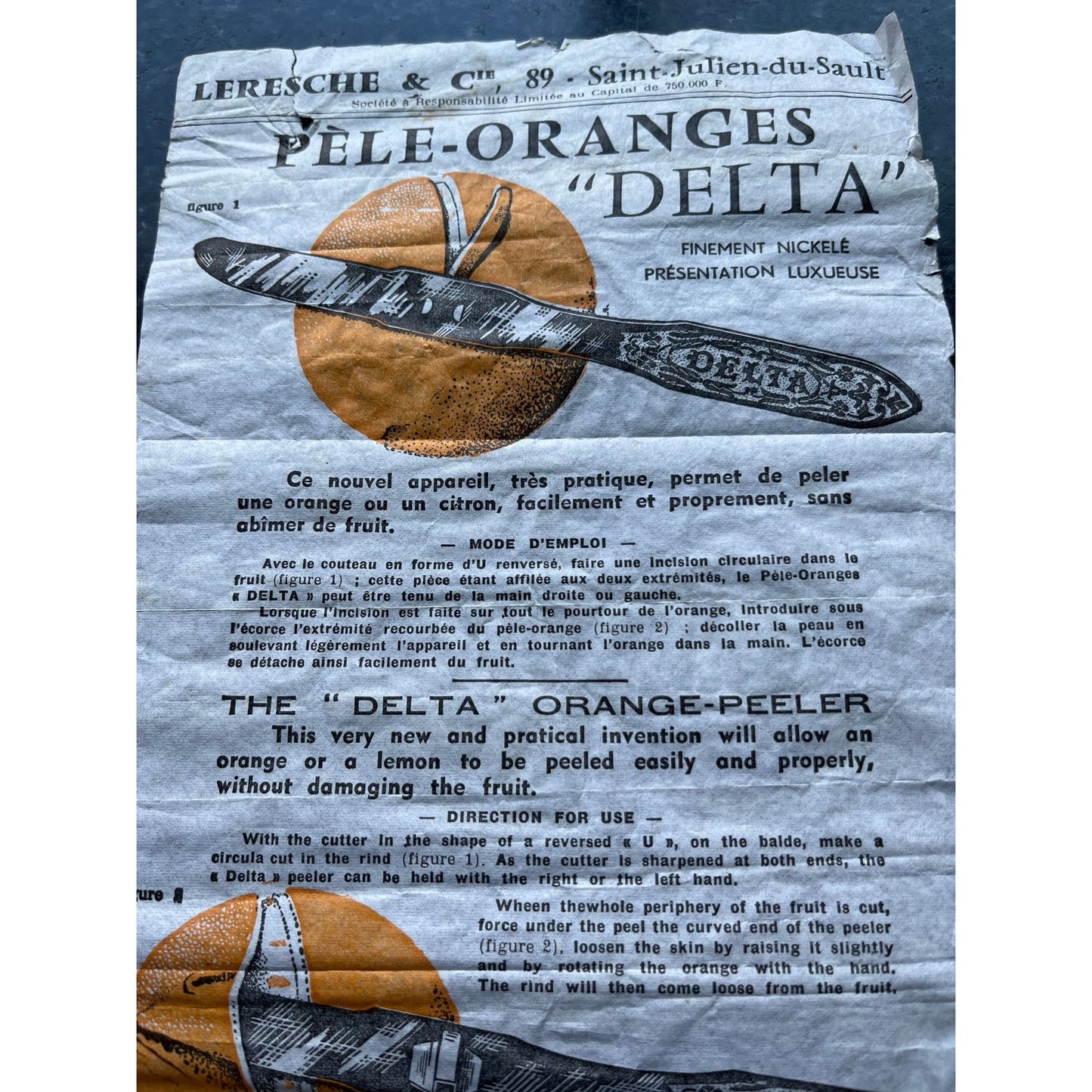 Vtg 1966 Copy Of Original Paper Work The "DELTA" Orange Peeler Made In France Leresche Saint-Julien-du-Sault