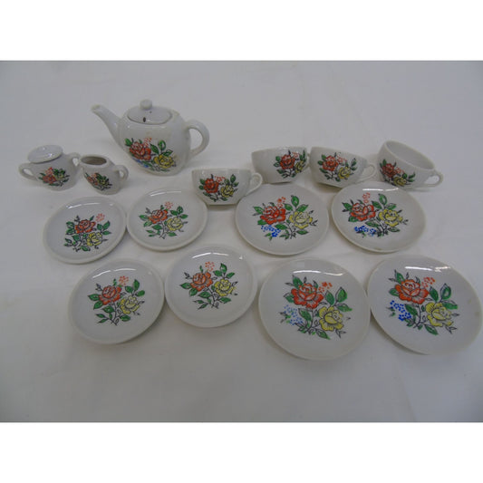 Vtg Miniature Teapot Tea Party 17 Piece Set Brilliant Orange Yellow Roses Green Leaves Plates Saucers Creamer Sugar Cups Made In Japan