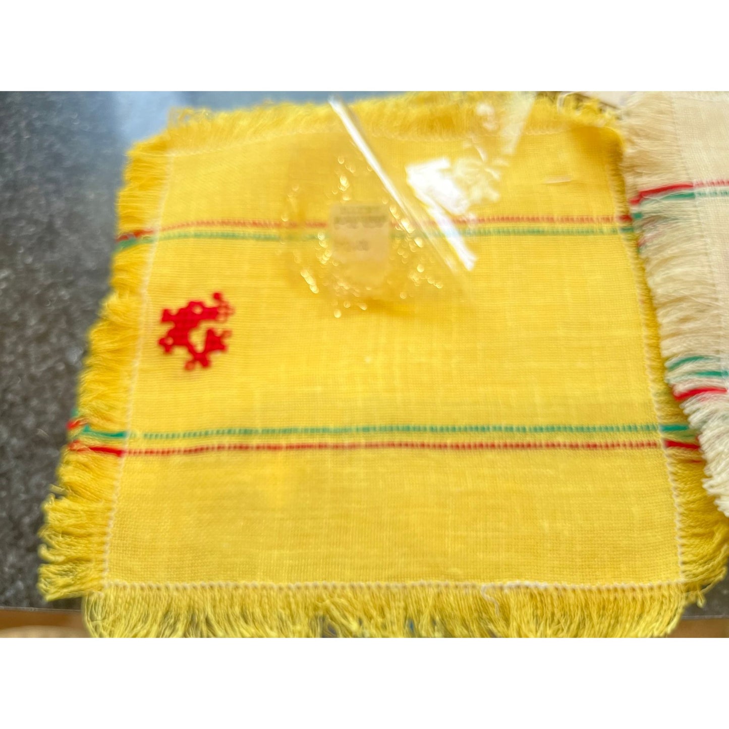 Vtg 1980 Six Russian Linen Cocktail Napkins Yellow Red Green Design Each NWT Factory Of Artistic Embroidery Tarusa On Schmidt