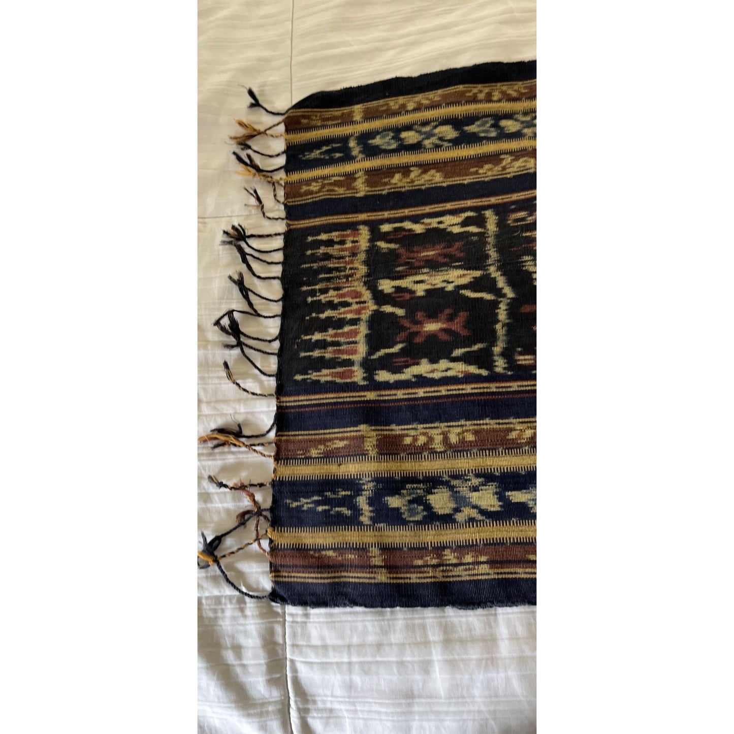 Vintage Museum Quality Sumba Ikat Wall Hanging Natural Dyes Tribal Figures Indonesia Hand Twisted Fringe Blues Browns