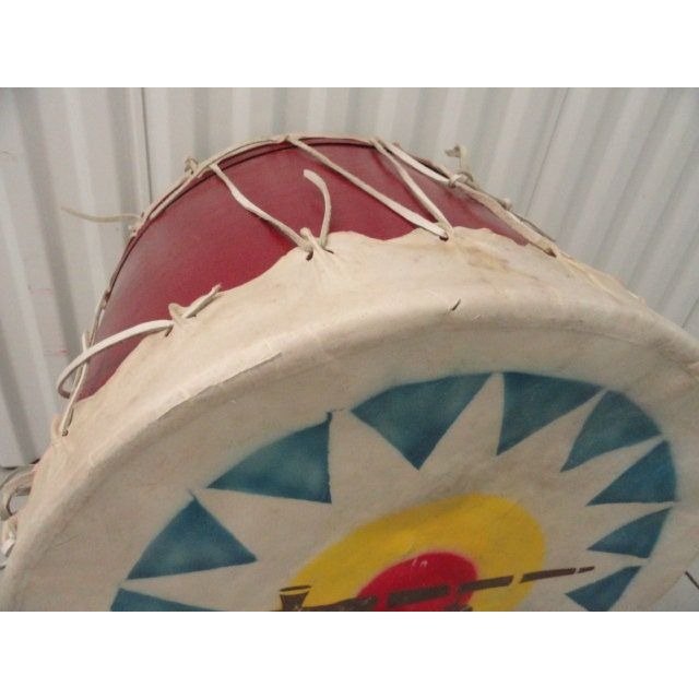 Vtg 1970's Large Drum 20 1/4" Wide Made With Rawhide Skins & Leather With Drum Stick Painted With A Pipe Image