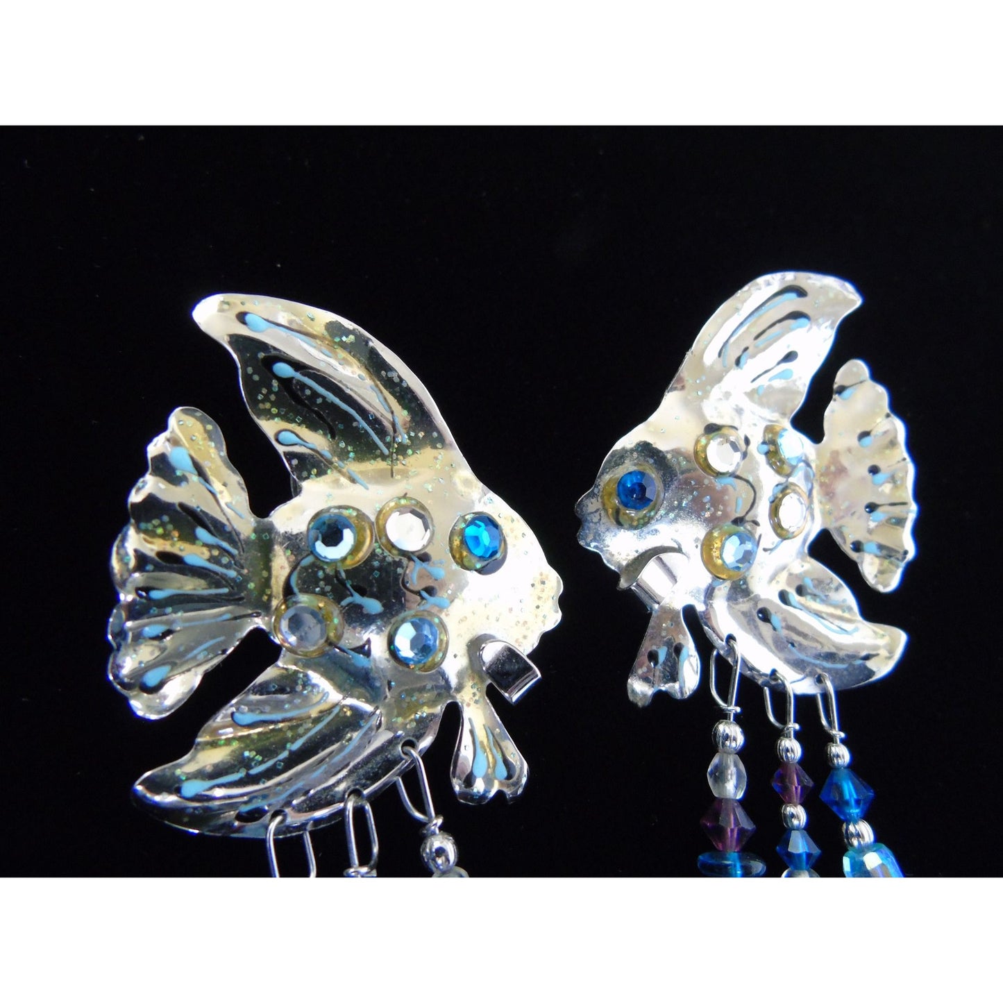 Lunch At The Ritz Fish Earrings Pierced Signed '87 LATR Glitter Enamel Rhinestones Beads