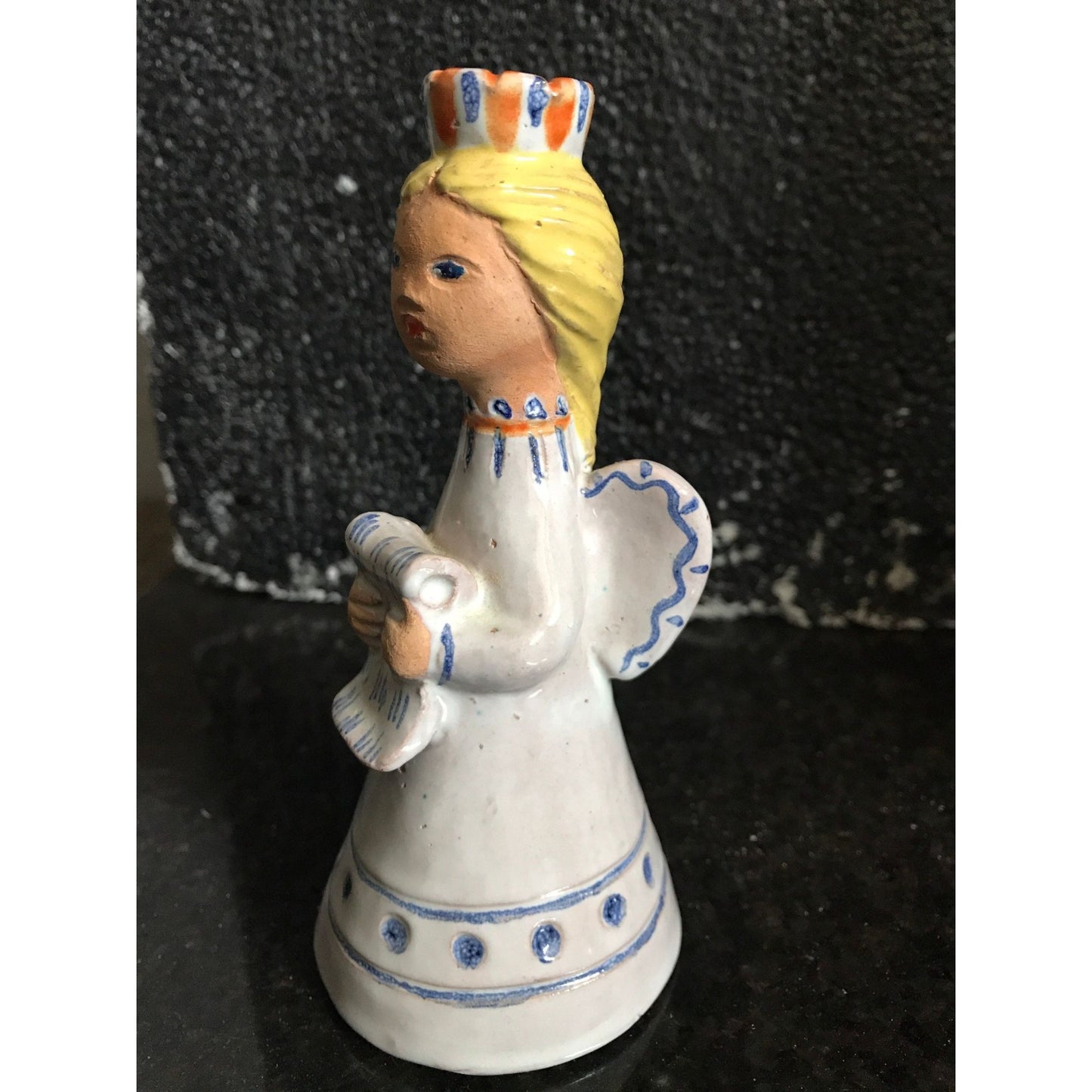 Vtg Hungarian Candle Holder Folkloric Ceramic Hand Painted Angel Miniature Taper Candle Signed By Artist