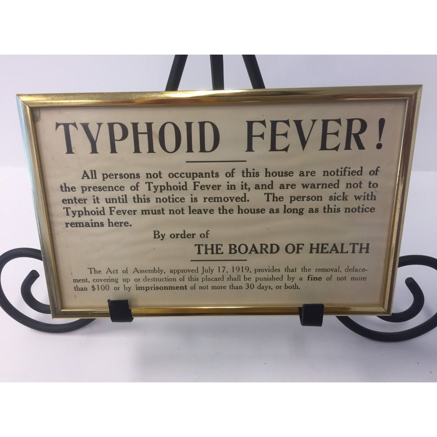 Vtg Medical Historical Sign TYPHOID FEVER! Quarantine By The Board of Health City of Philadelphia Framed