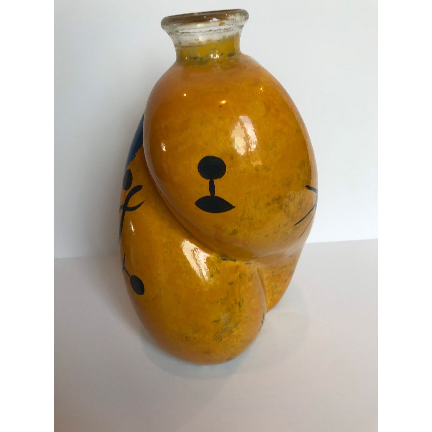 Vtg 1990's Large Hand Painted From The Inside Yellow Bulbous Vase Abstract Design Studio Art Glass