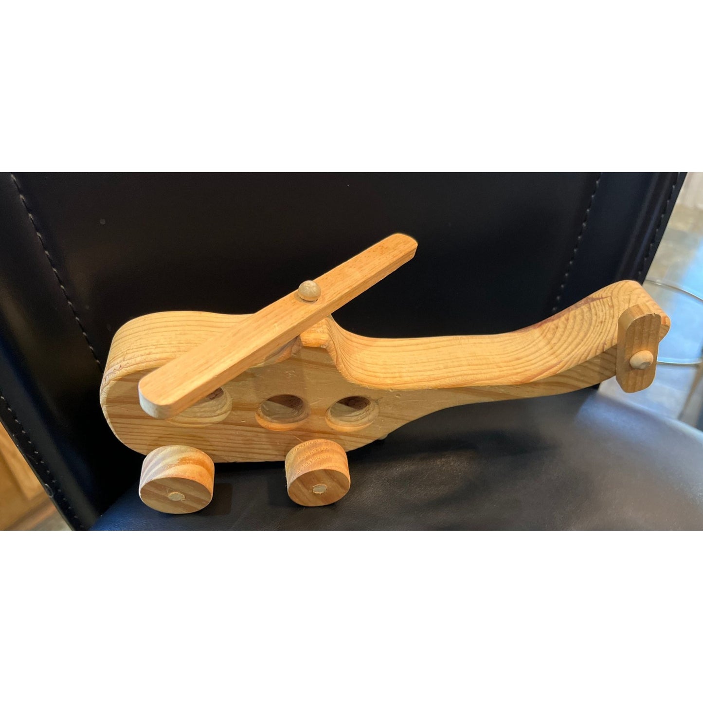 Vintage 1970's Handmade Wood Toy Helicopter Wooden Toy Helicopter With Tail Rotor Three Carved Holes