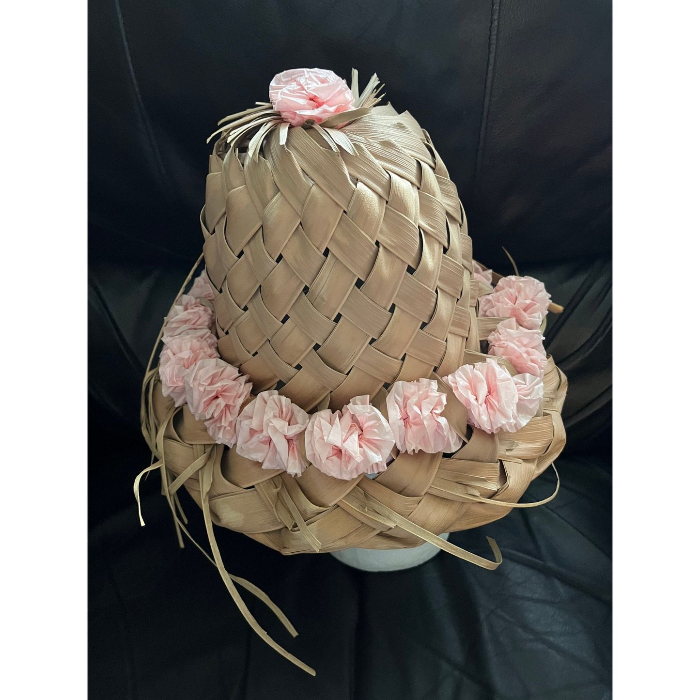 Vtg 1967 Hat Women’s Pink Hawaiian Handmade Palm Frond Woven 7″ x 10 1/2″ Handwoven Made In Hawaii