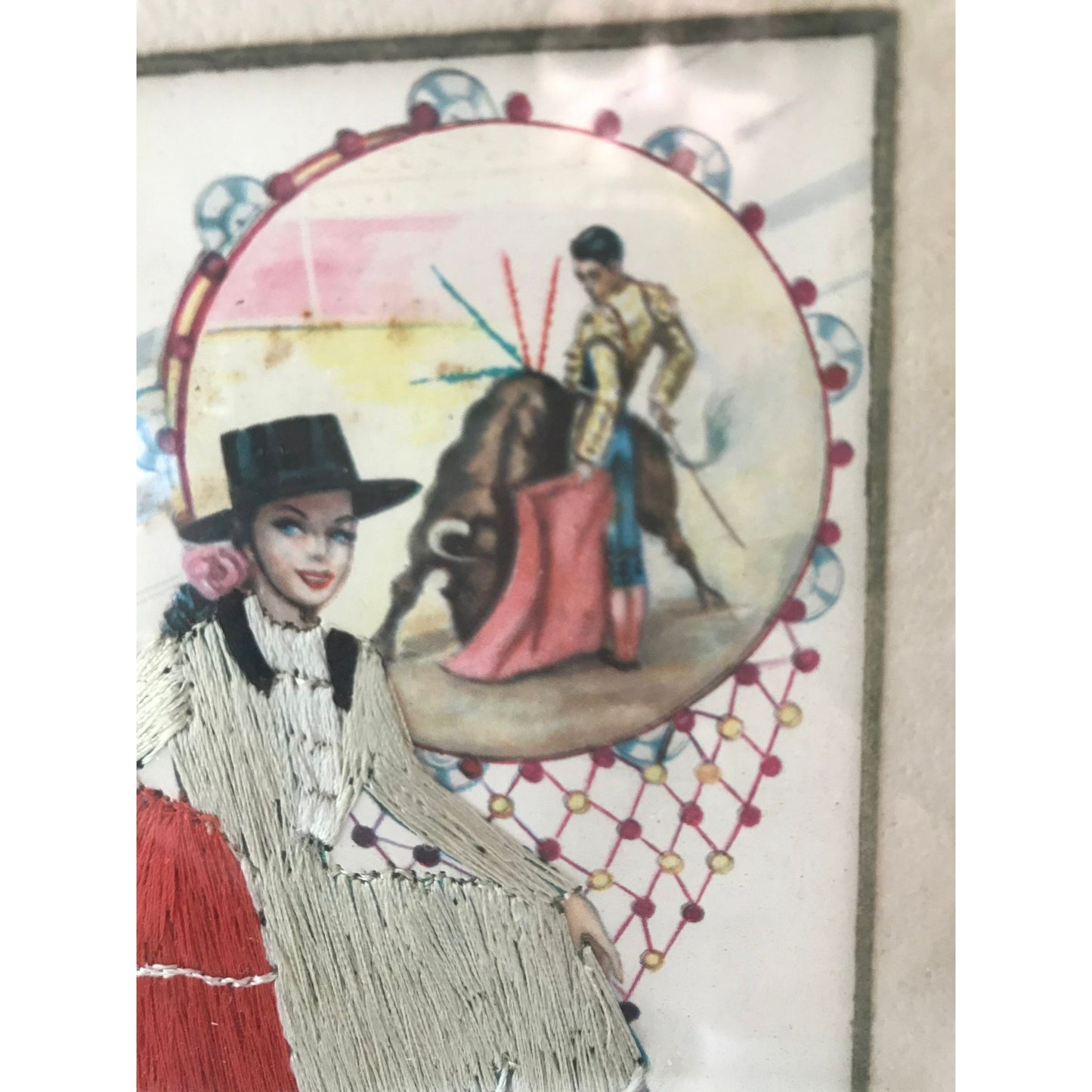 Vtg Spanish Elsi Gumier Silk Embroidered Postcard "Pase Natural" 1950s Gold Wood Frame Glass Matodor  Tamborine