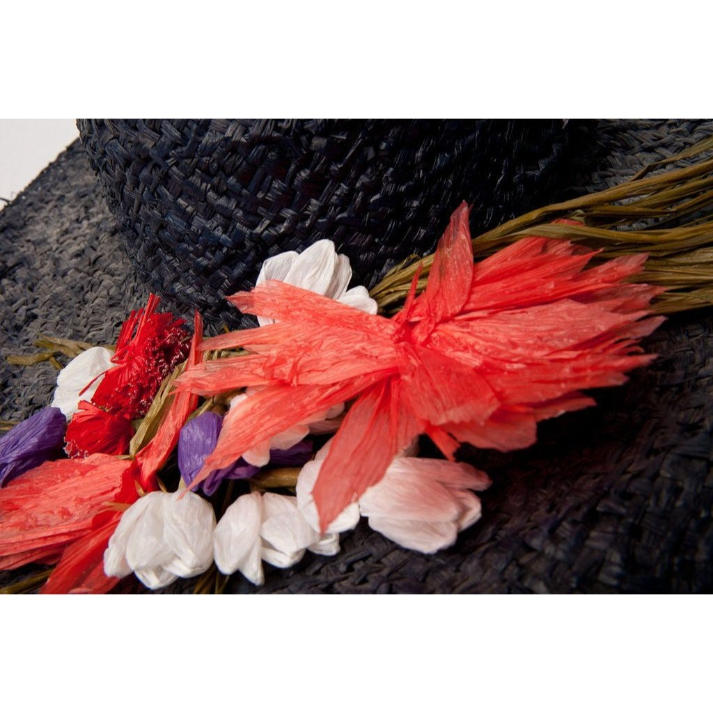 Vtg 1950's Women's Hand Woven Straw Hat Navy Blue With Hand Sewn Multi Colored Flowers Extra Wide Brim