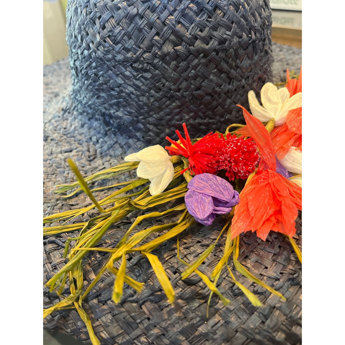 Vtg 1950's Women's Hand Woven Straw Hat Navy Blue With Hand Sewn Multi Colored Flowers Extra Wide Brim