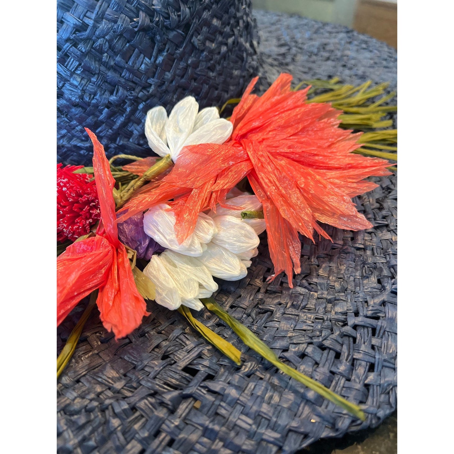 Vtg 1950's Women's Hand Woven Straw Hat Navy Blue With Hand Sewn Multi Colored Flowers Extra Wide Brim