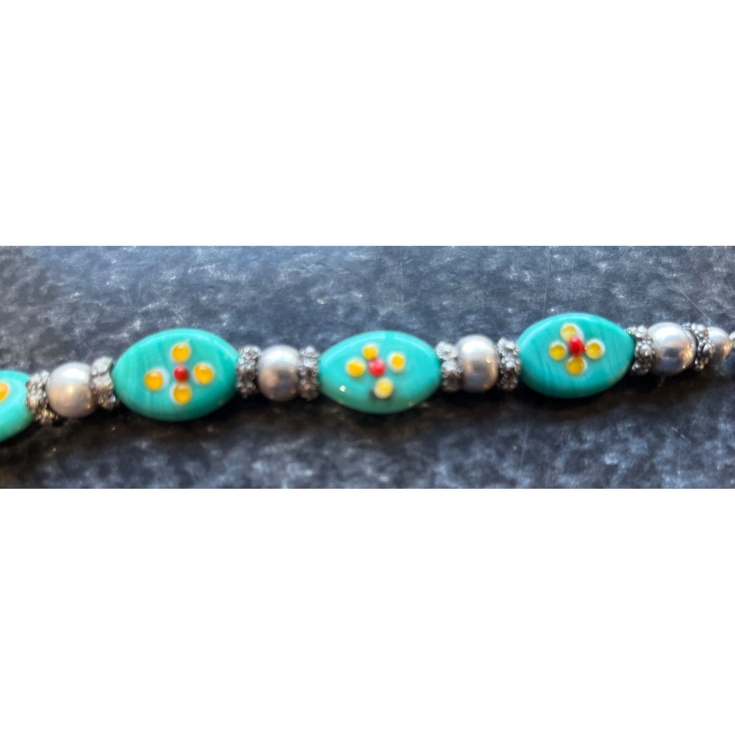 Vintage 1970's Children's Hand Painted Glass Beaded Floral Oval Beads Silver Tone Separators 6" NWOT