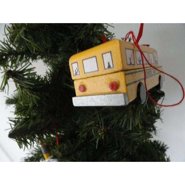 Vtg Wooden Christmas Ornaments Yellow School Bus & Teacher Red Stocking Math Ruler Pencil