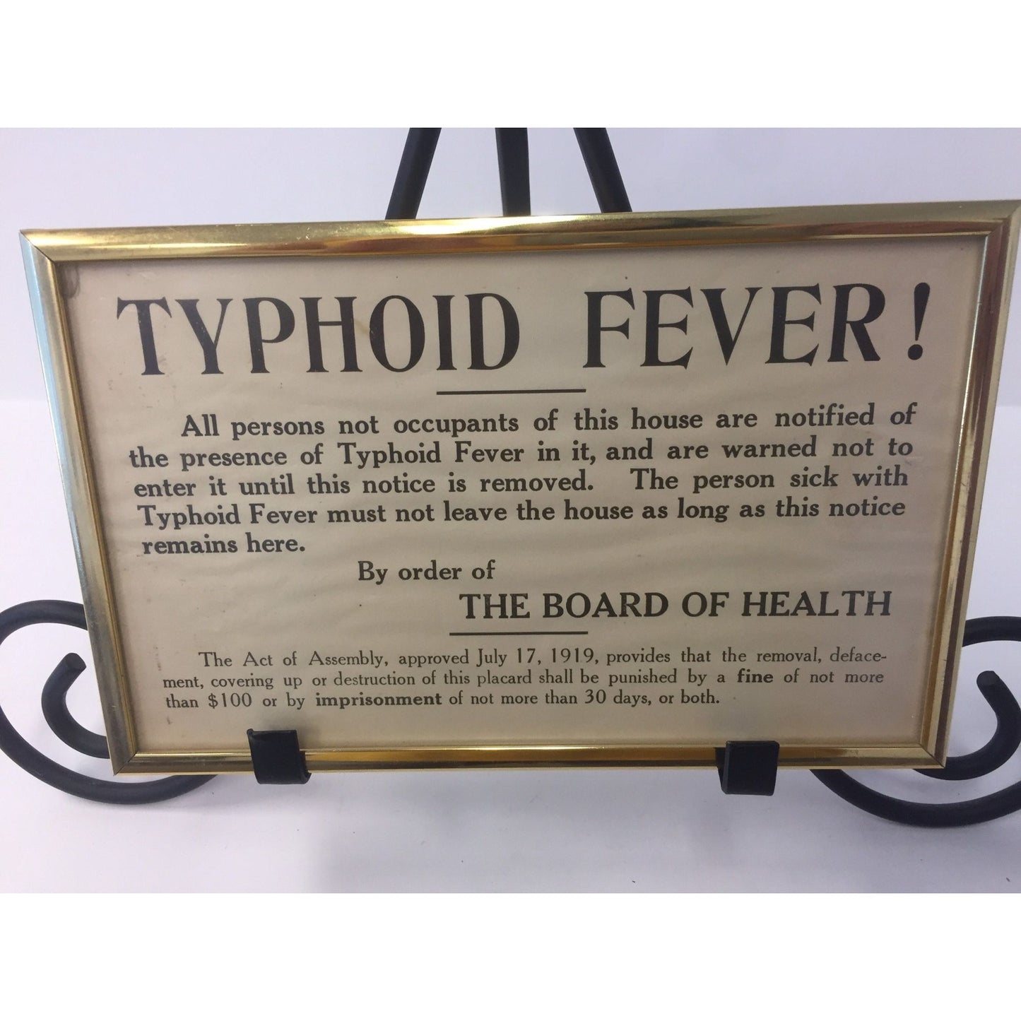 Vtg Medical Historical Sign TYPHOID FEVER! Quarantine By The Board of Health City of Philadelphia Framed