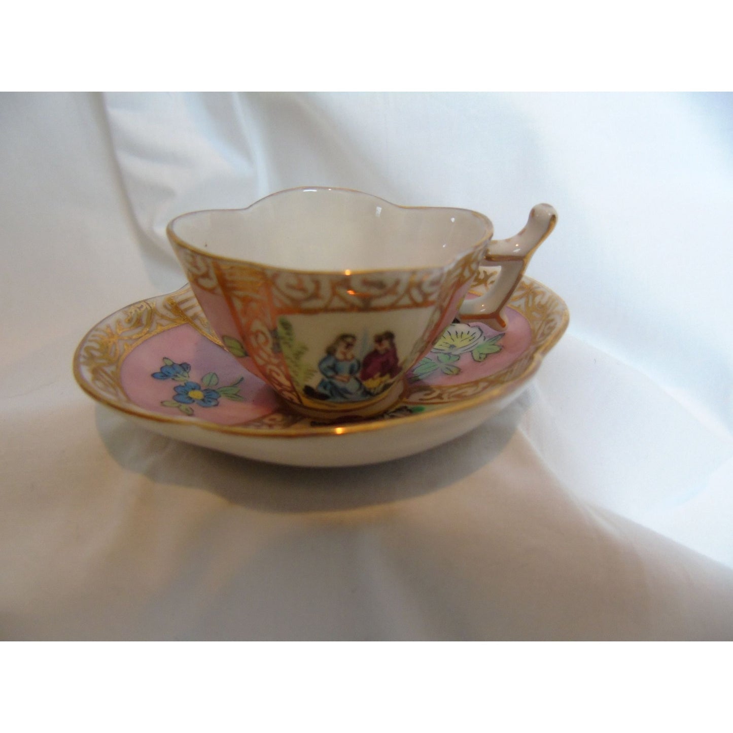 Vintage Dresden Style Hokutosha Occupied Japan Hand Painted Pink Courting Couple Cup & Saucer