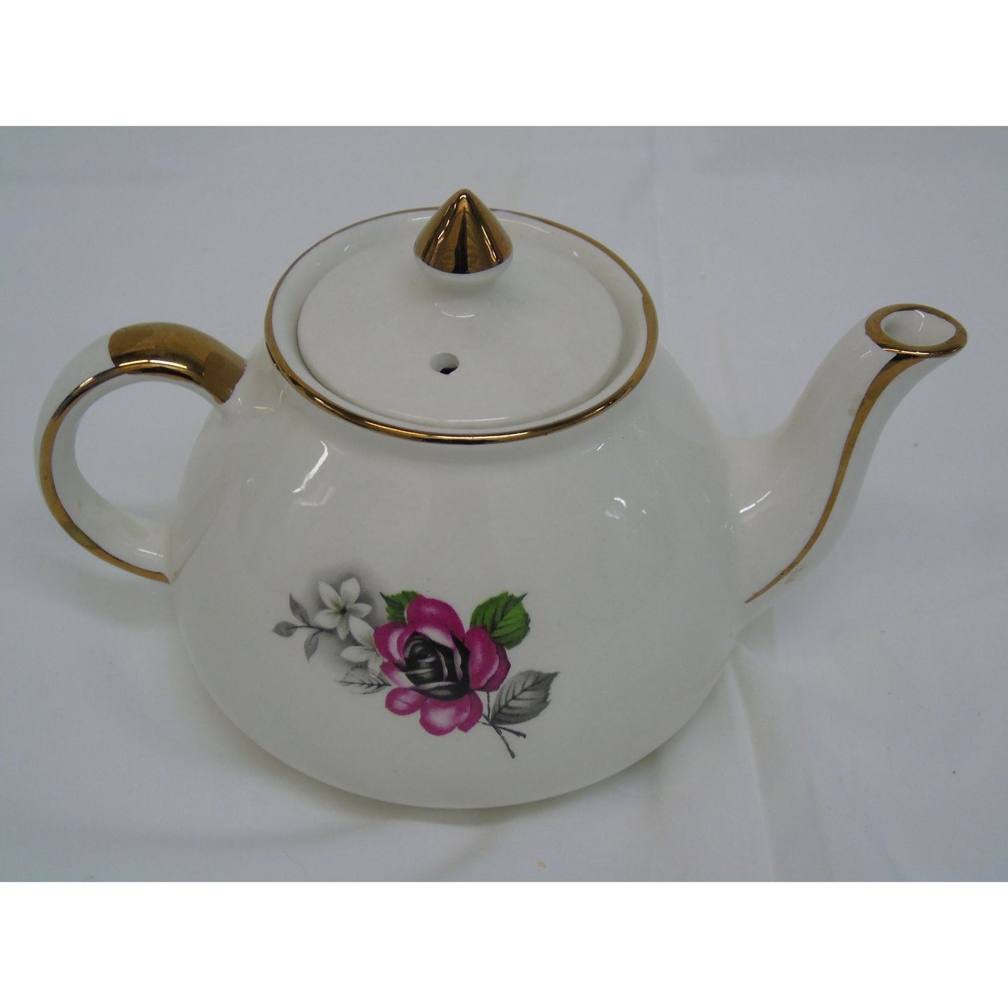 Vintage Gibsons Teapot Staffordshire England White with Gold Trim Pink & Black Roses White Flowers