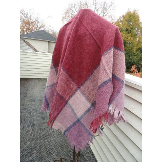 Vintage Wrap Shawl 1970’s Avoca HANDWEAVERS Pure New Wool Maroon Pink Blue Mauve Ireland