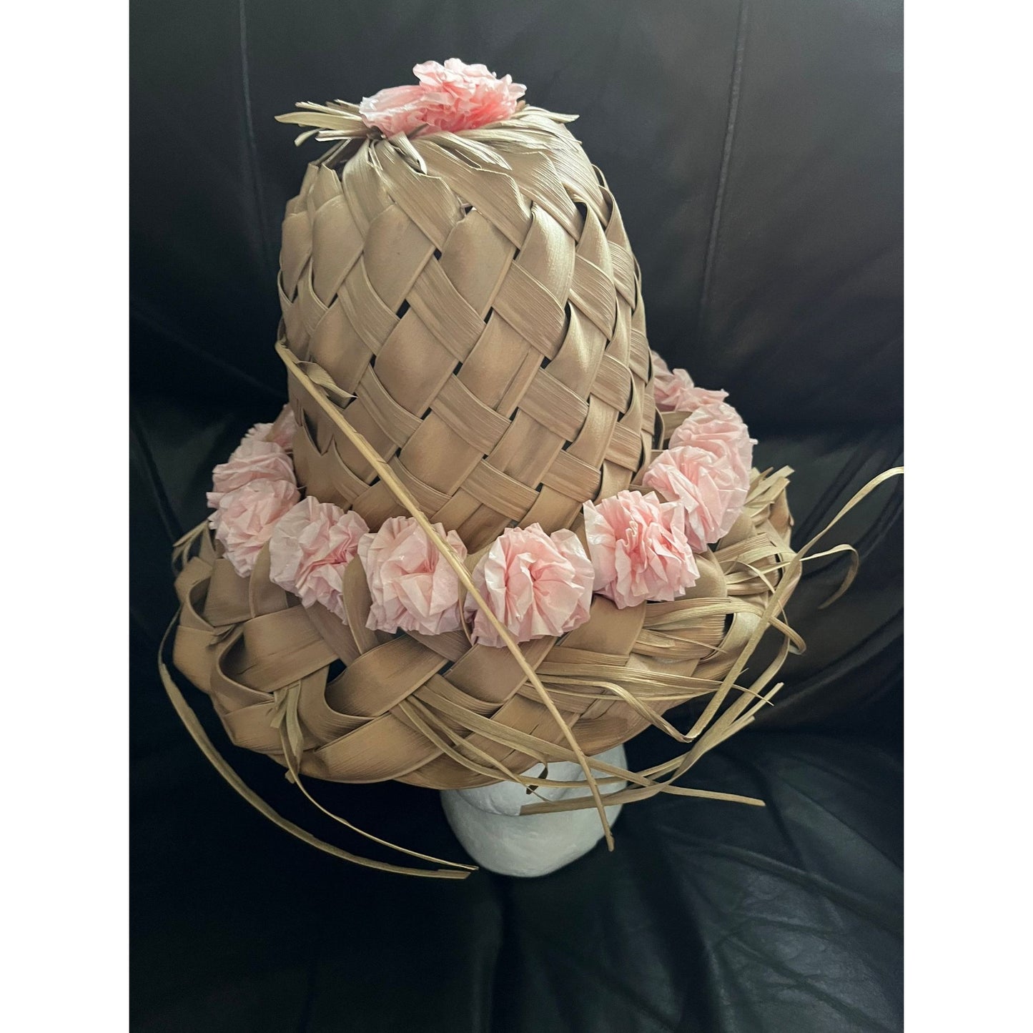 Vtg 1967 Hat Women’s Pink Hawaiian Handmade Palm Frond Woven 7″ x 10 1/2″ Handwoven Made In Hawaii