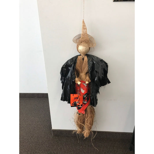 Vtg Halloween Witch Straw Witch Hat Black Cape Bandana Skirt Shopping Bag Broom Decoration One Of A Kind