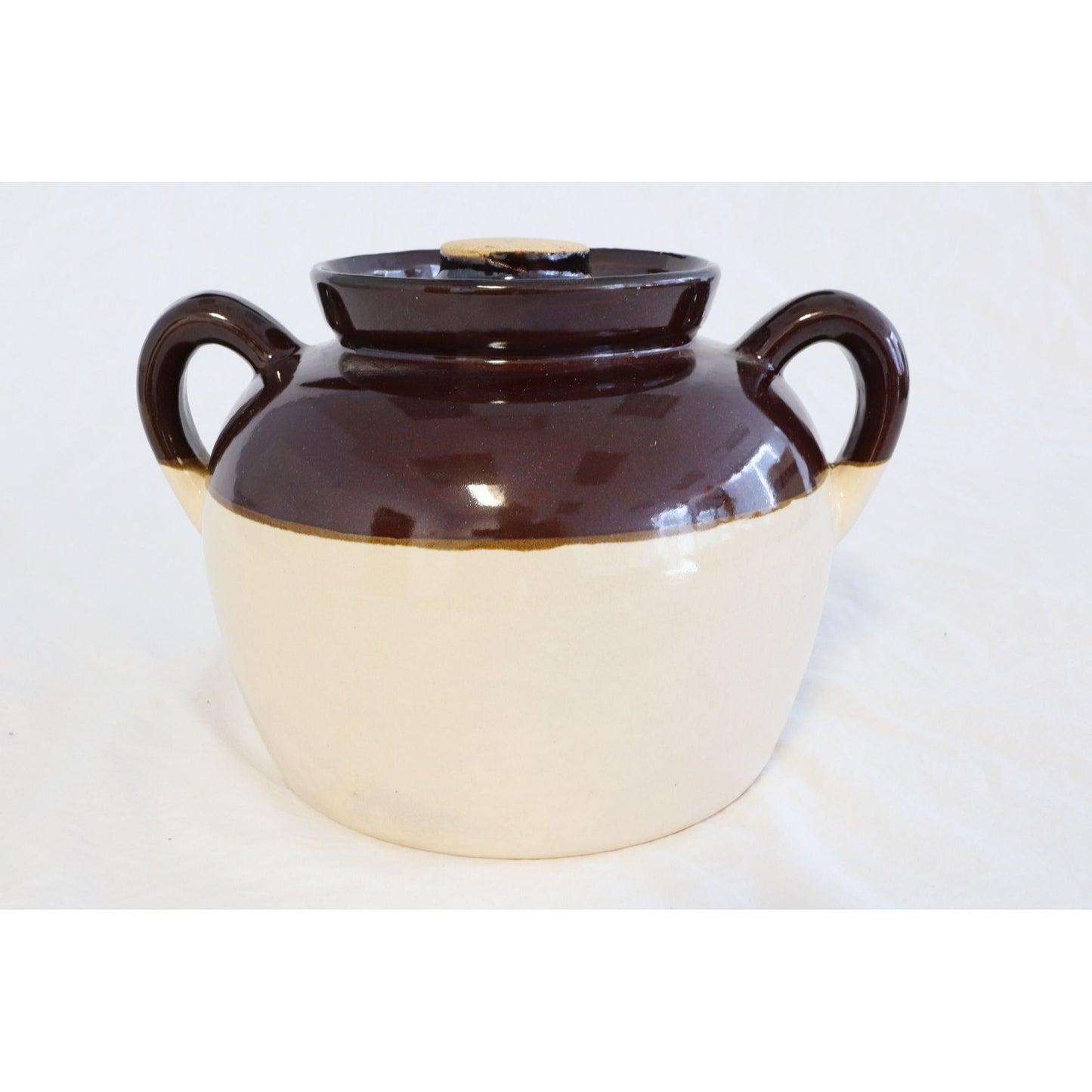 Vintage Large Ceramic Double Handle Brown Beige Crock Glazed Stoneware Jug With Ceramic Lid