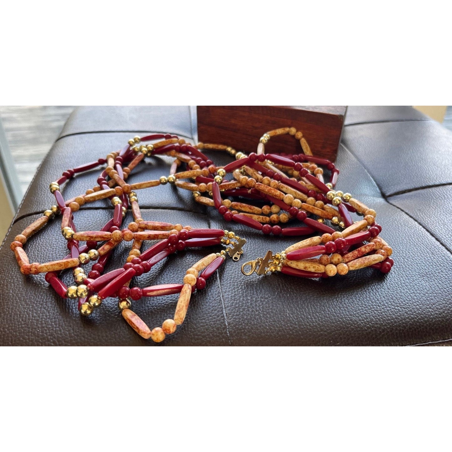 Vintage Guatemala Indigenous Trade Beads 6 Strand Necklace 29 1/2" Various Size Beads Red Gold Marbled