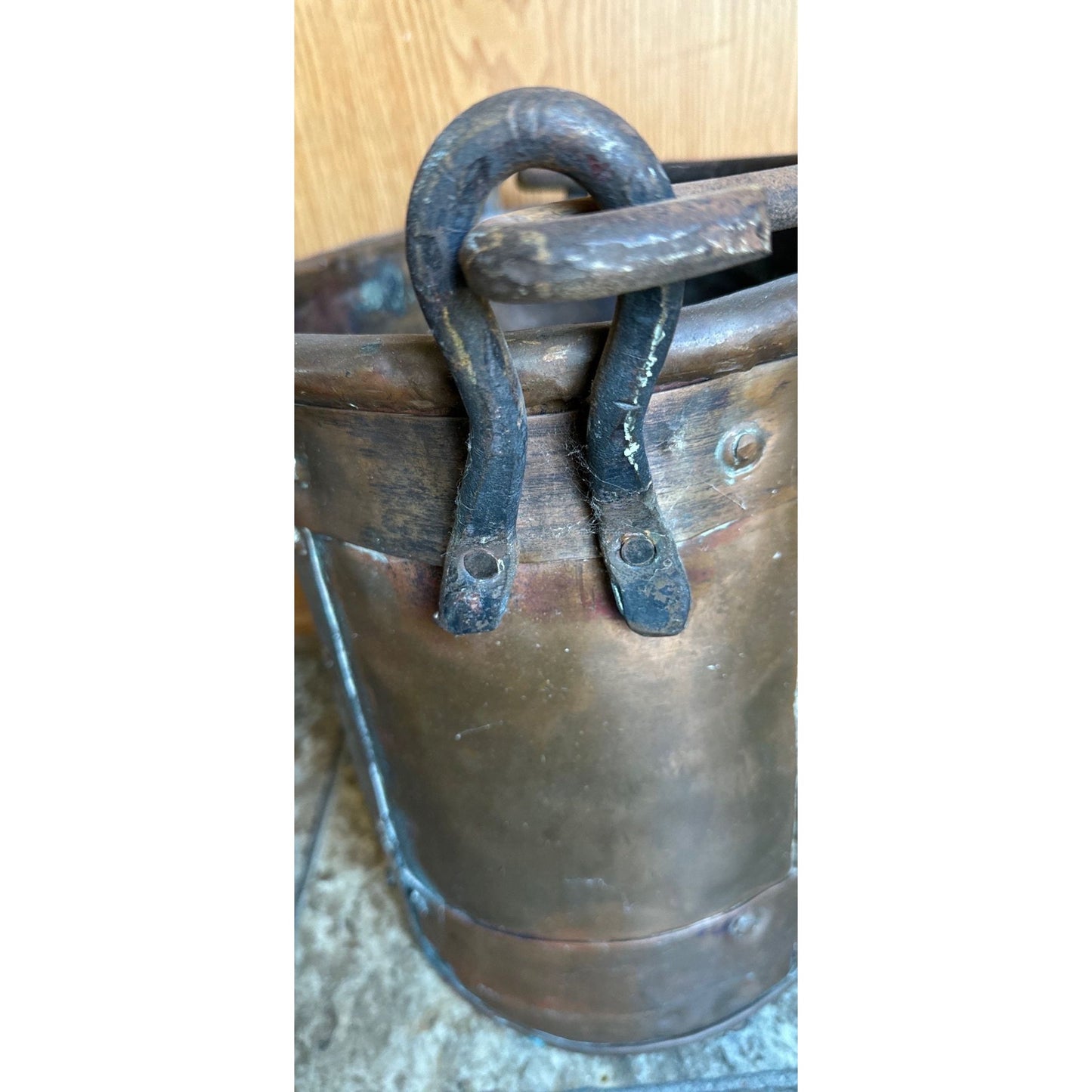 19th Century Copper Firewood Bucket Cauldron With Handle 11 1/4" Tall