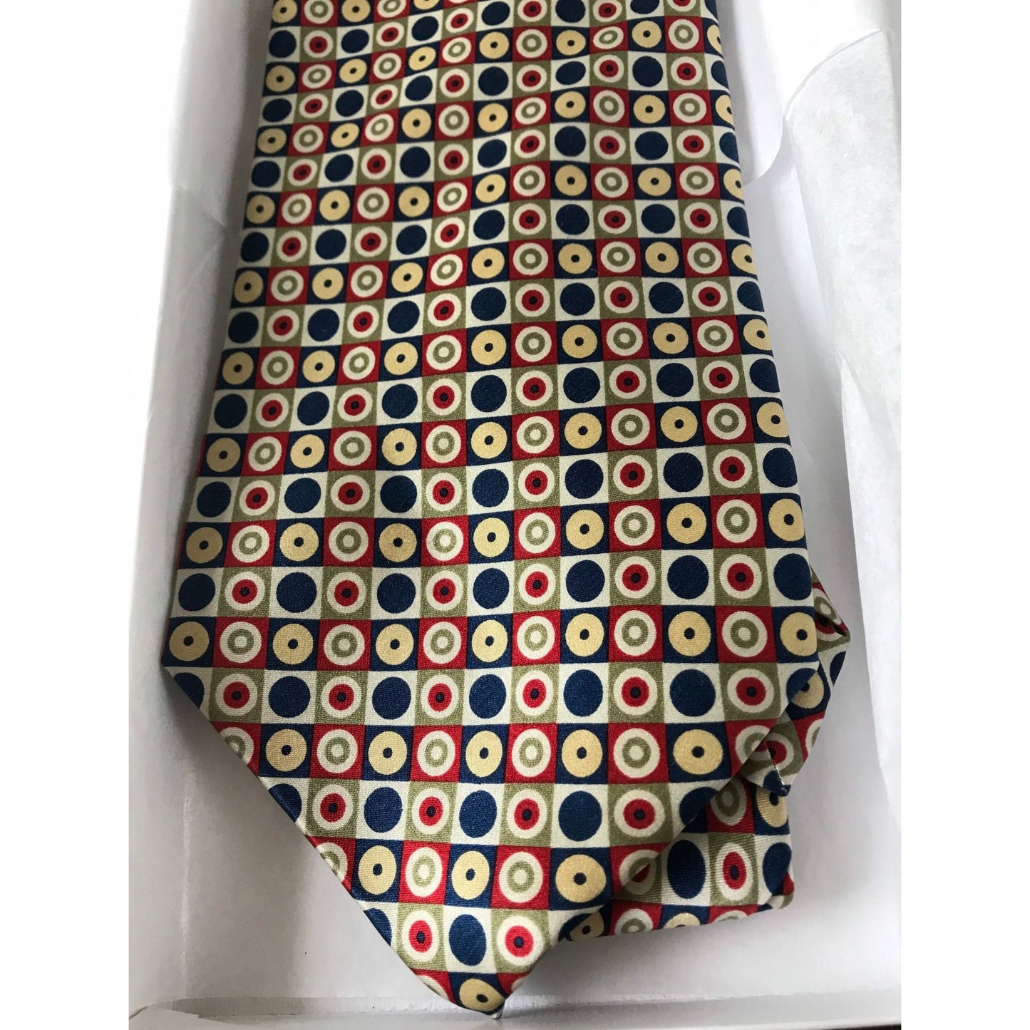 Vintage Men’s Tie By Tongue Tied 100% Silk Red Blue Yellow Geometric Pattern Tom McLellon