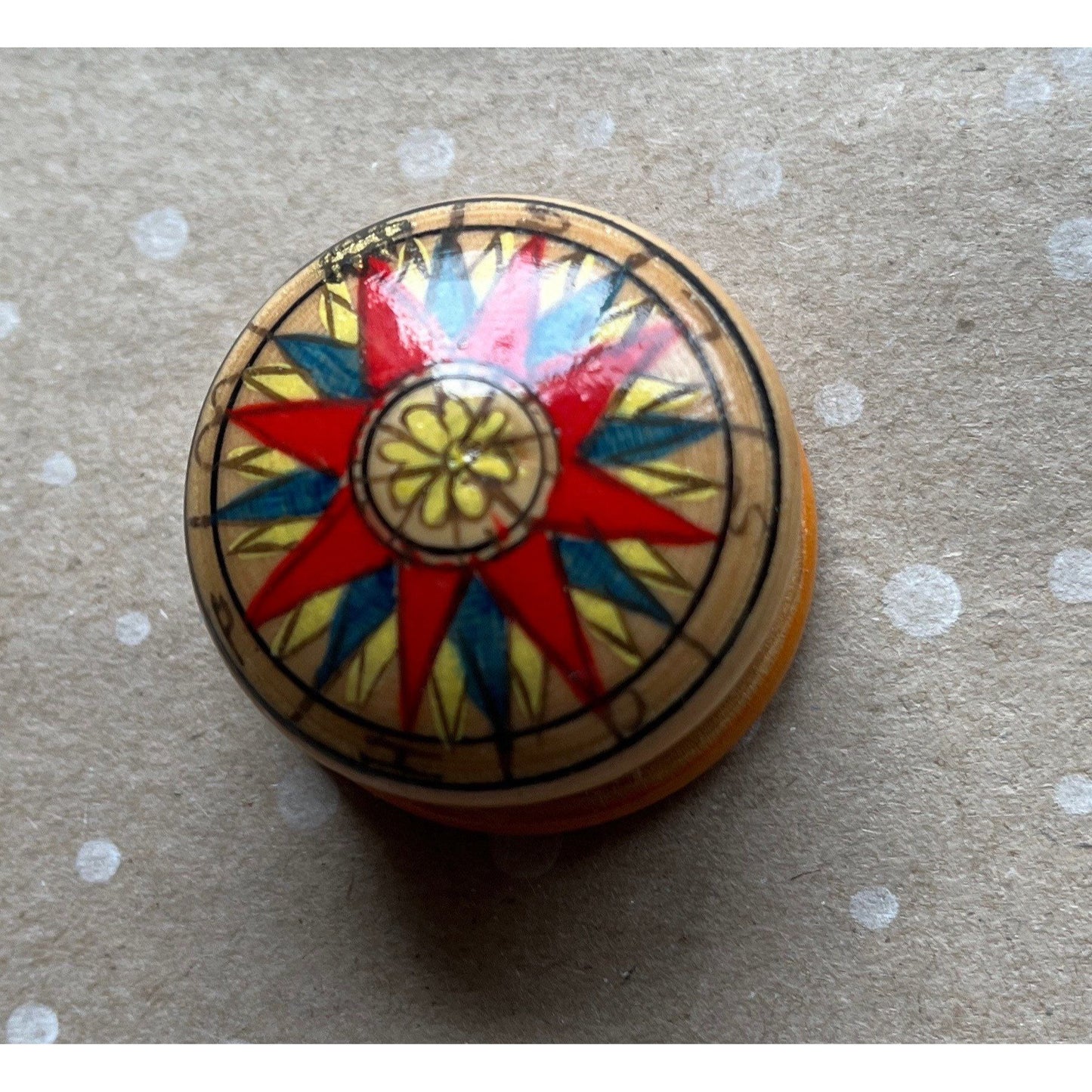 Vintage Handmade Wooden Box Cardinal Direction Alchemy Symbols Pained Shellacked 2.5" x 1"