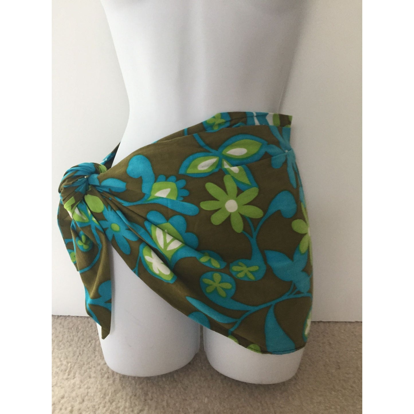 Vtg 1970’s Sarong Skirt Bathing Suit Sarong Green Blue Flowers Flower Power Hippie Tie One Size