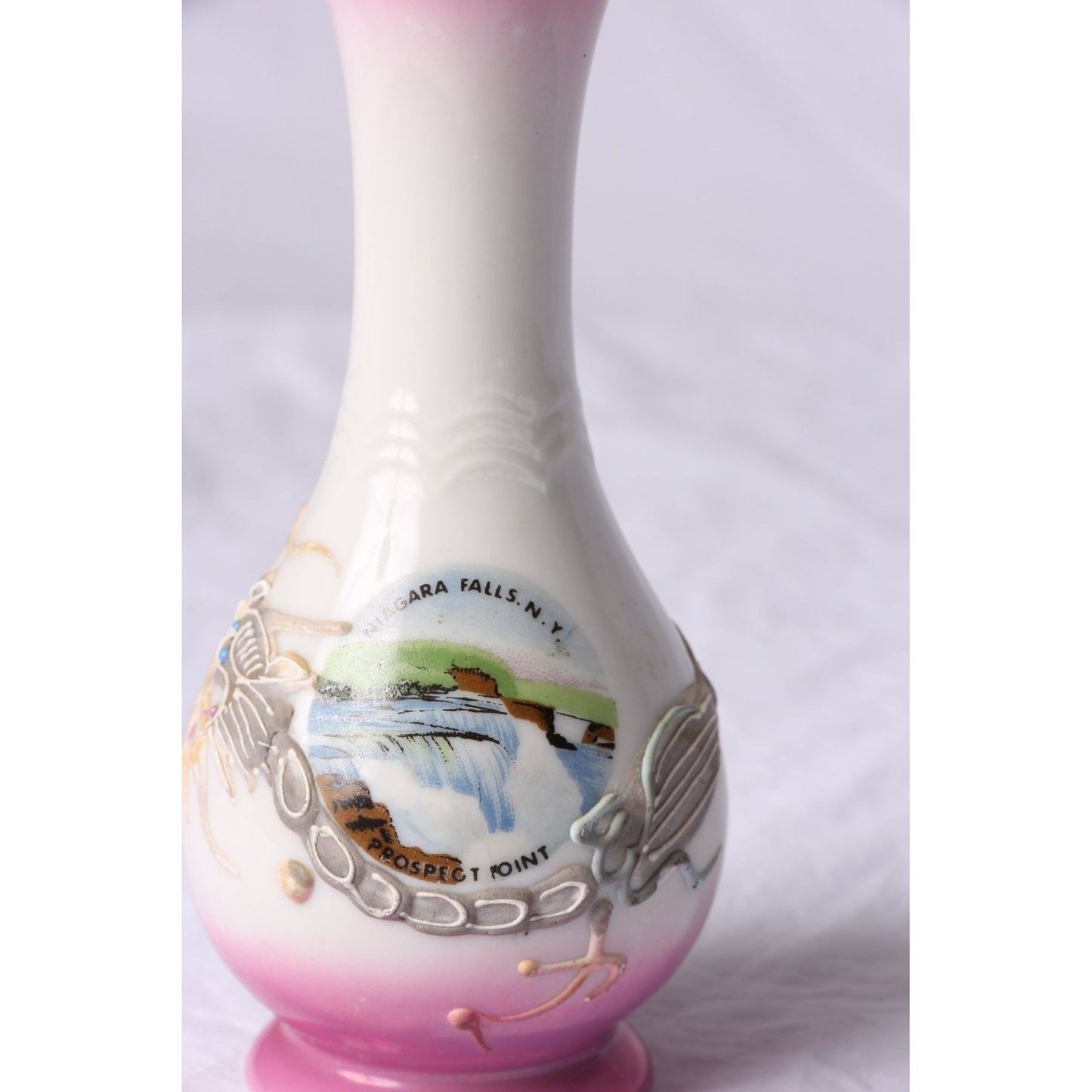 Vintage Niagara Falls, N. Y. Prospect Point Souvenir Vase Pink & Gray Dragonware Made In Japan