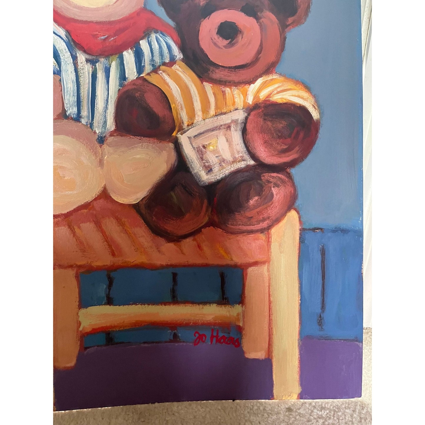 1986 Johanna Haas Oil Painting, "Two Teddy Bears Share A Chair", Signed Fine Art 28 1/2" x 21" One Of A Kind Blue Background