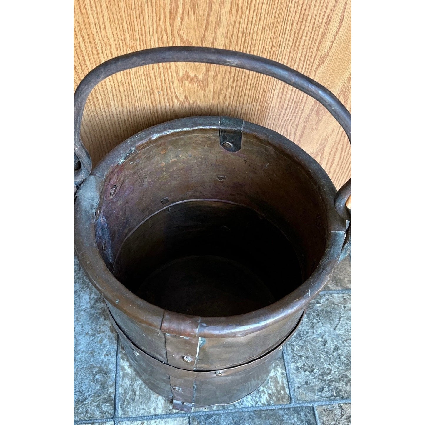 19th Century Copper Firewood Bucket Cauldron With Handle 13 1/2" Tall