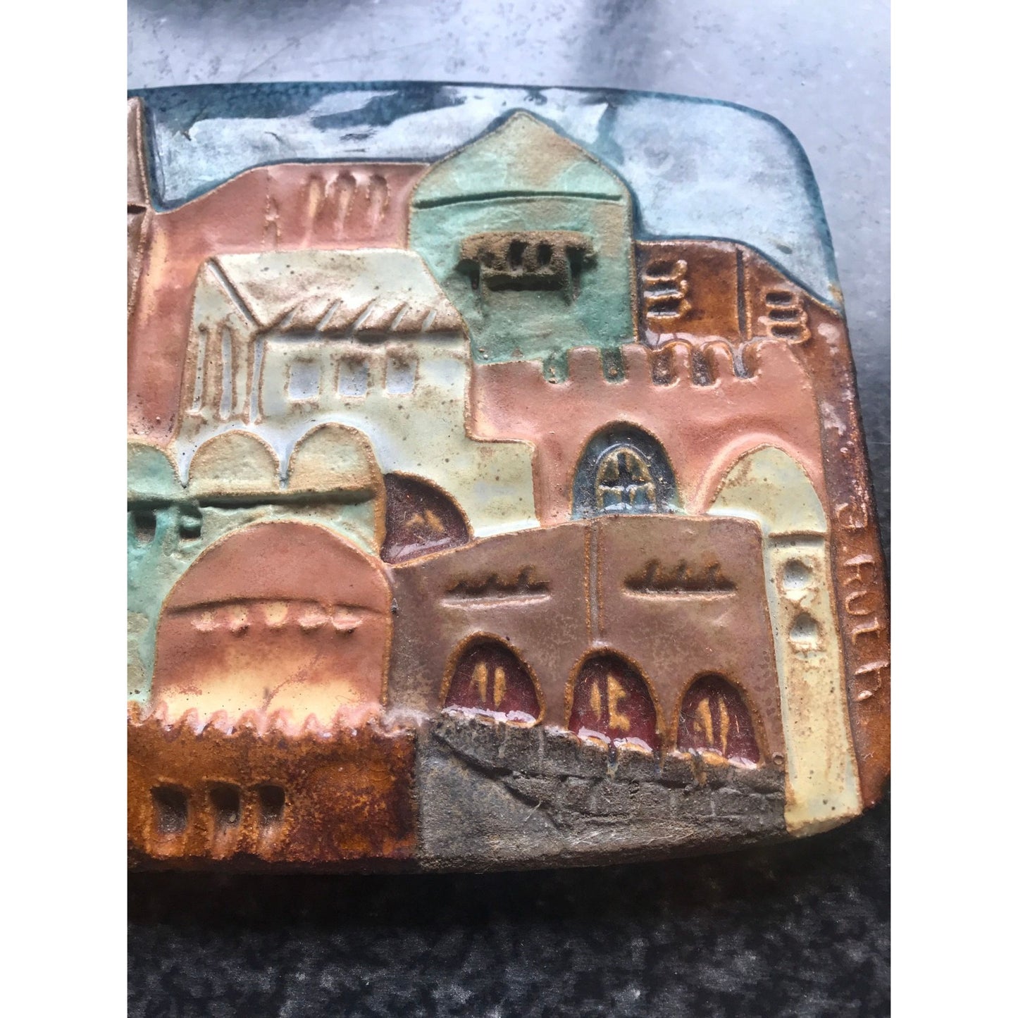 Vtg Handmade glazed ceramic Ruth Factor (Faktorowicz) ceramic tile "The City Of Jerusalem"