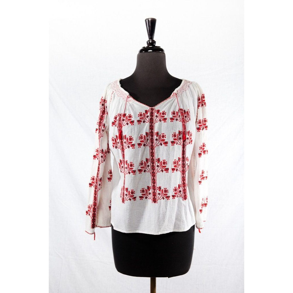 Vintage 1975  Women’s Handmade Romanian Embroidered Blouse Red Black White Cotton S