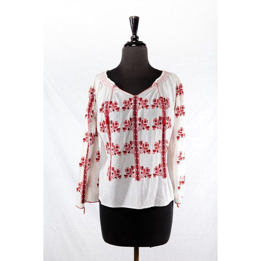 Vintage 1975  Women’s Handmade Romanian Embroidered Blouse Red Black White Cotton S