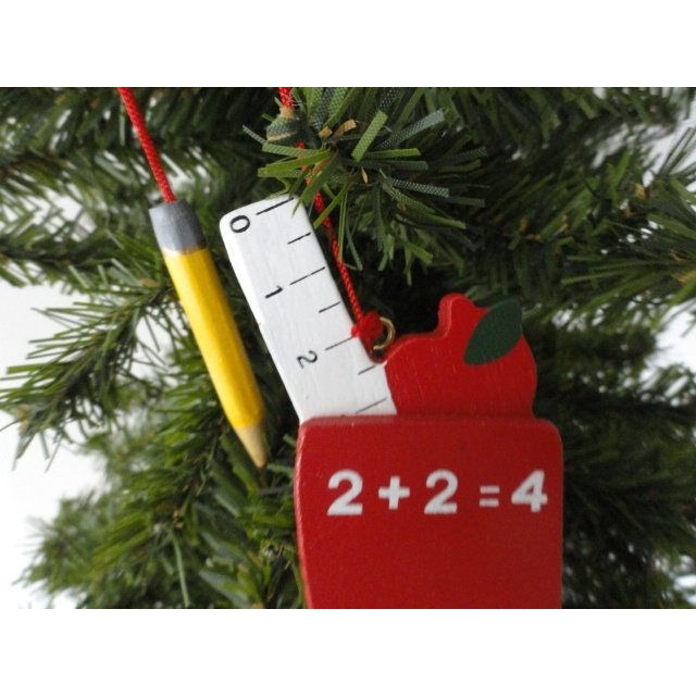 Vtg Wooden Christmas Ornaments Yellow School Bus & Teacher Red Stocking Math Ruler Pencil