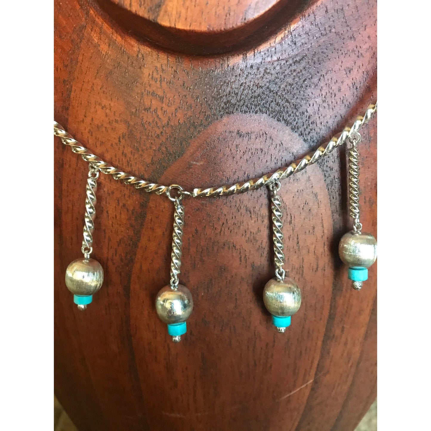 Vintage 1970's Sterling Silver Cable Necklace With Seven Dangle Tubes Turquoise Mexico