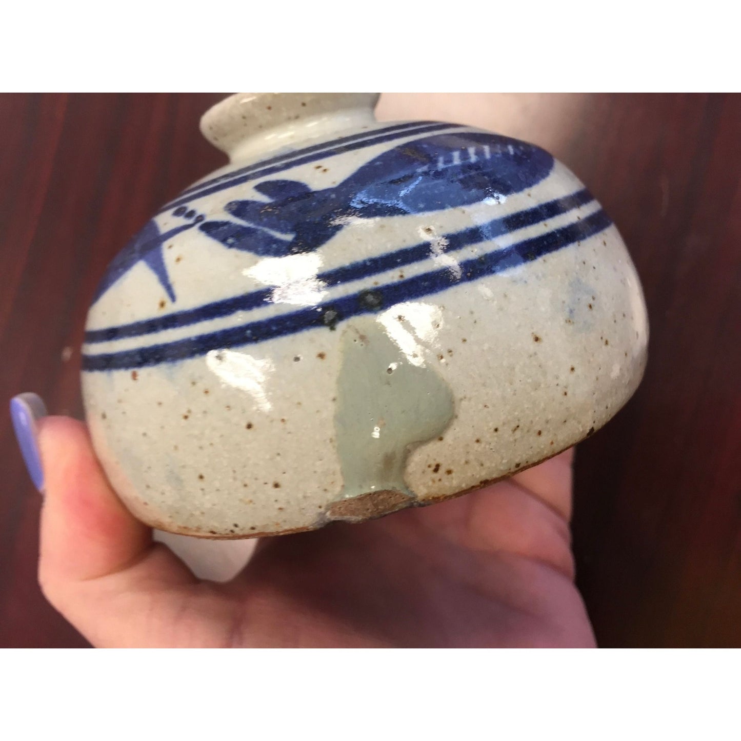 Vtg Signed The Pottery Shack 1970's Kathy Mahoney Ceramic Pot Highly Glazed Abstract Blue Gray 3.5" x 3"