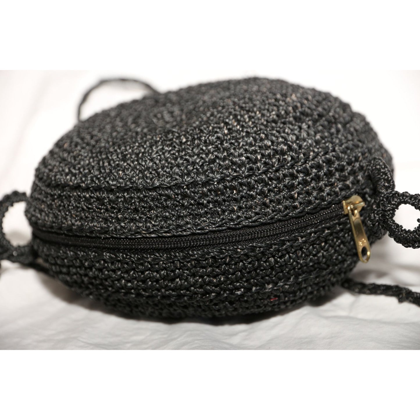 Vintage 1960's Crochet Round Purse Shoulder Crossbody Bag Black Handmade Zipper Closure