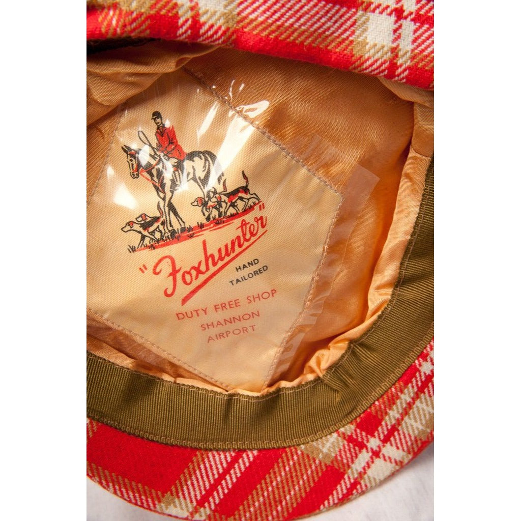 Vtg 1960's Hand Tailored Foxhunter Cap Hat Shannon Airport Ireland Tan & Red Plaid Pom Pom Vintage