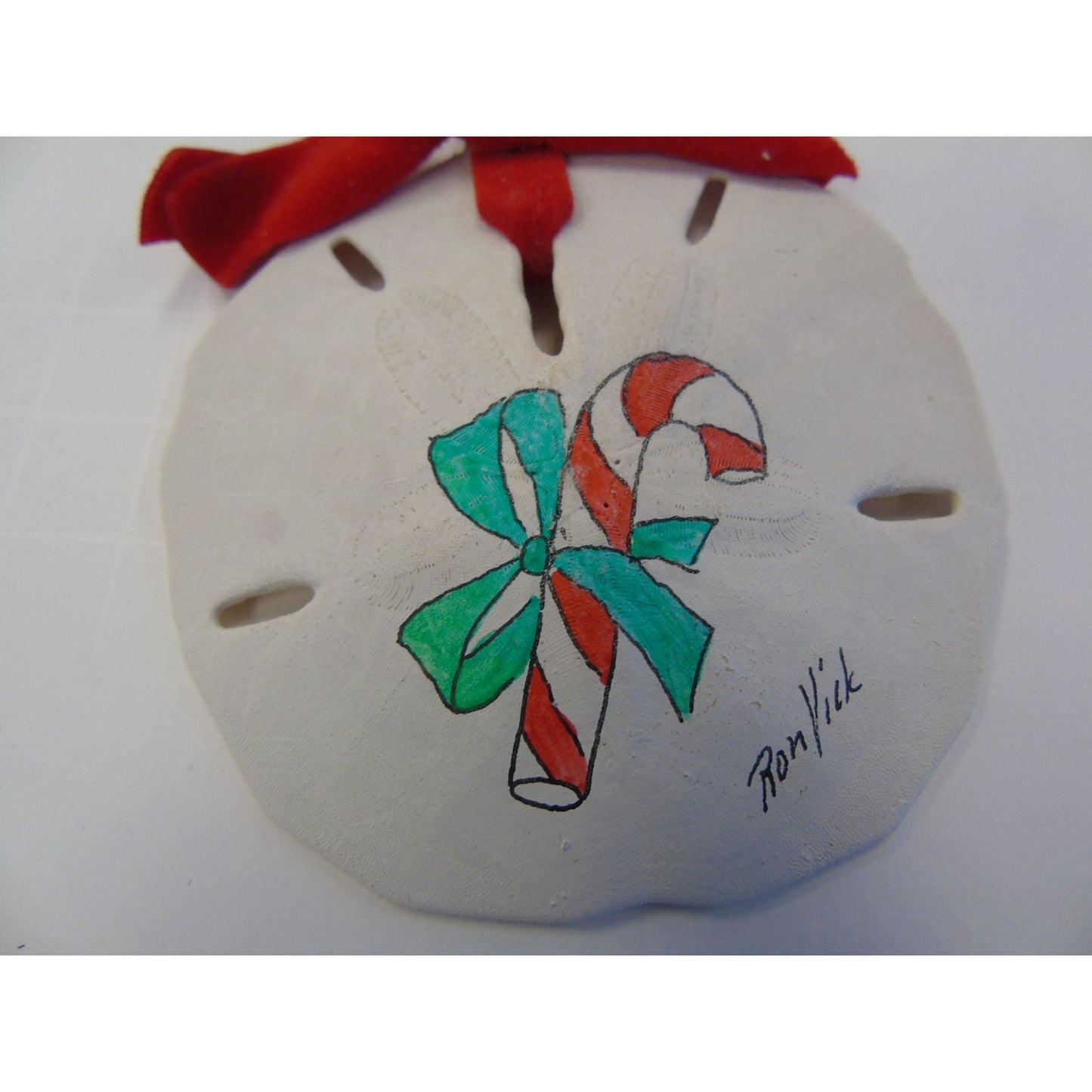 Vintage 1970's Ron Vick Christmas Candy Cane Sand Dollar Ornament Hand Painted & Signed By The Artist