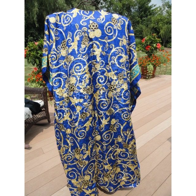 Vintage Women's SANTE Maxi Kaftan Dress Paisley Jacquard Pattern Feather Motif Blue Gold One Size