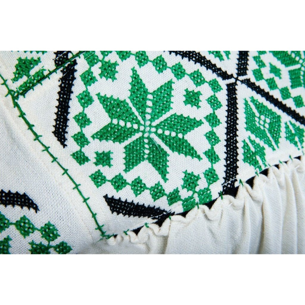 Vtg 1970's Mexican Bohemian Dress Handmade Hand Embroidered Beige Green Black Star Pattern M