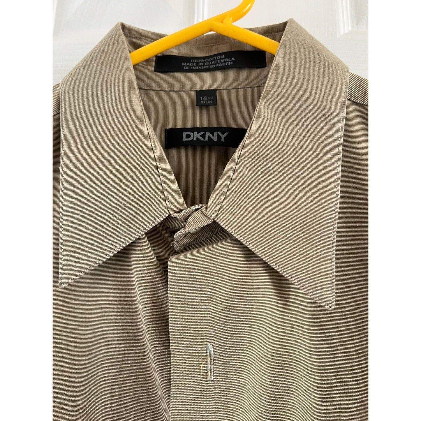 Vtg DKNY Men's Dress Shirt in Tan 16 1/2" 32-33 Sleeve Made In Guatemala Of Imported Fabric 100% Cotton