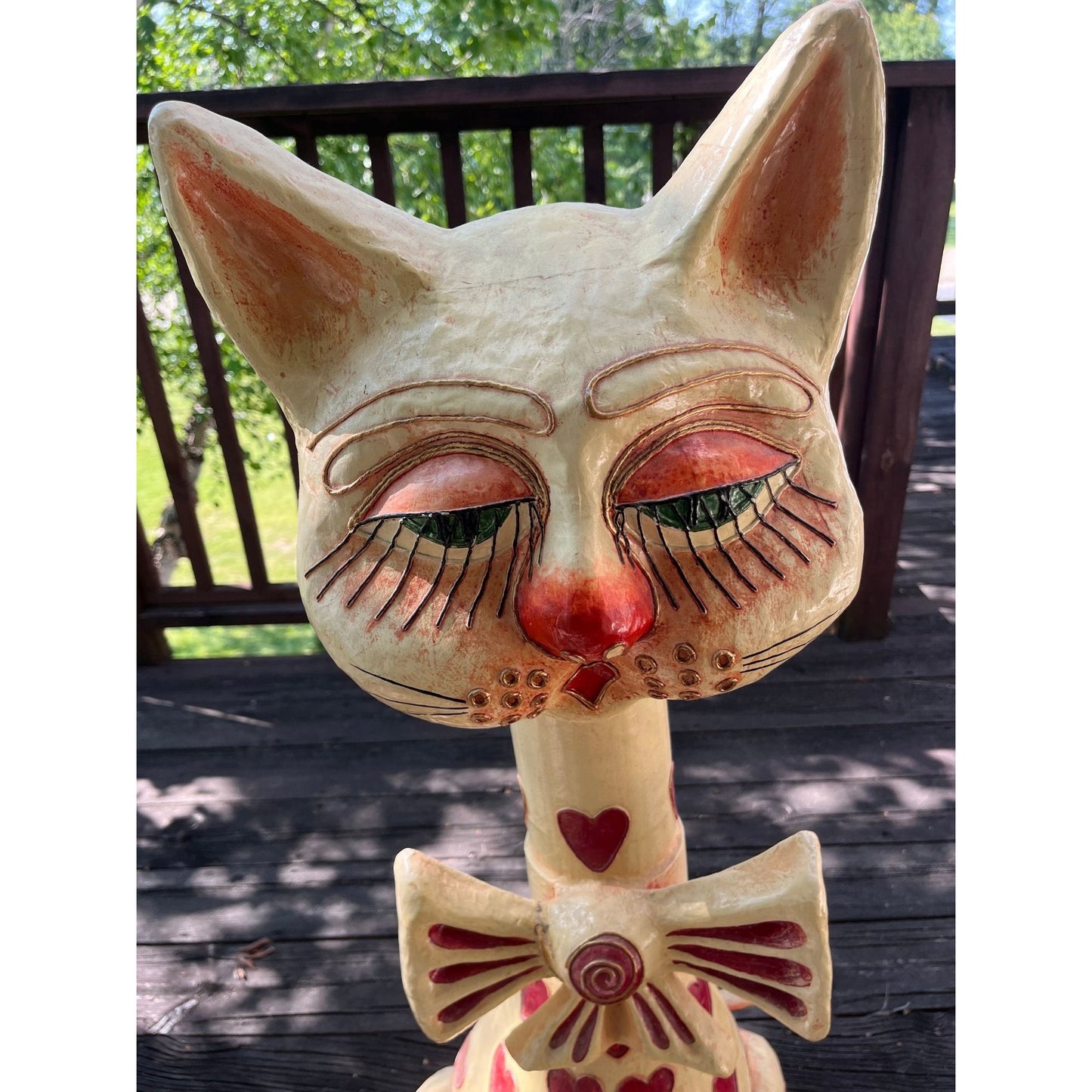 Vtg 50's-60's Jeanne Valentine Paper Mache Cat Of Hearts Sculpture Handmade Folk Art Mexican Tlaquepaque Mexico 42" Original Label On Base