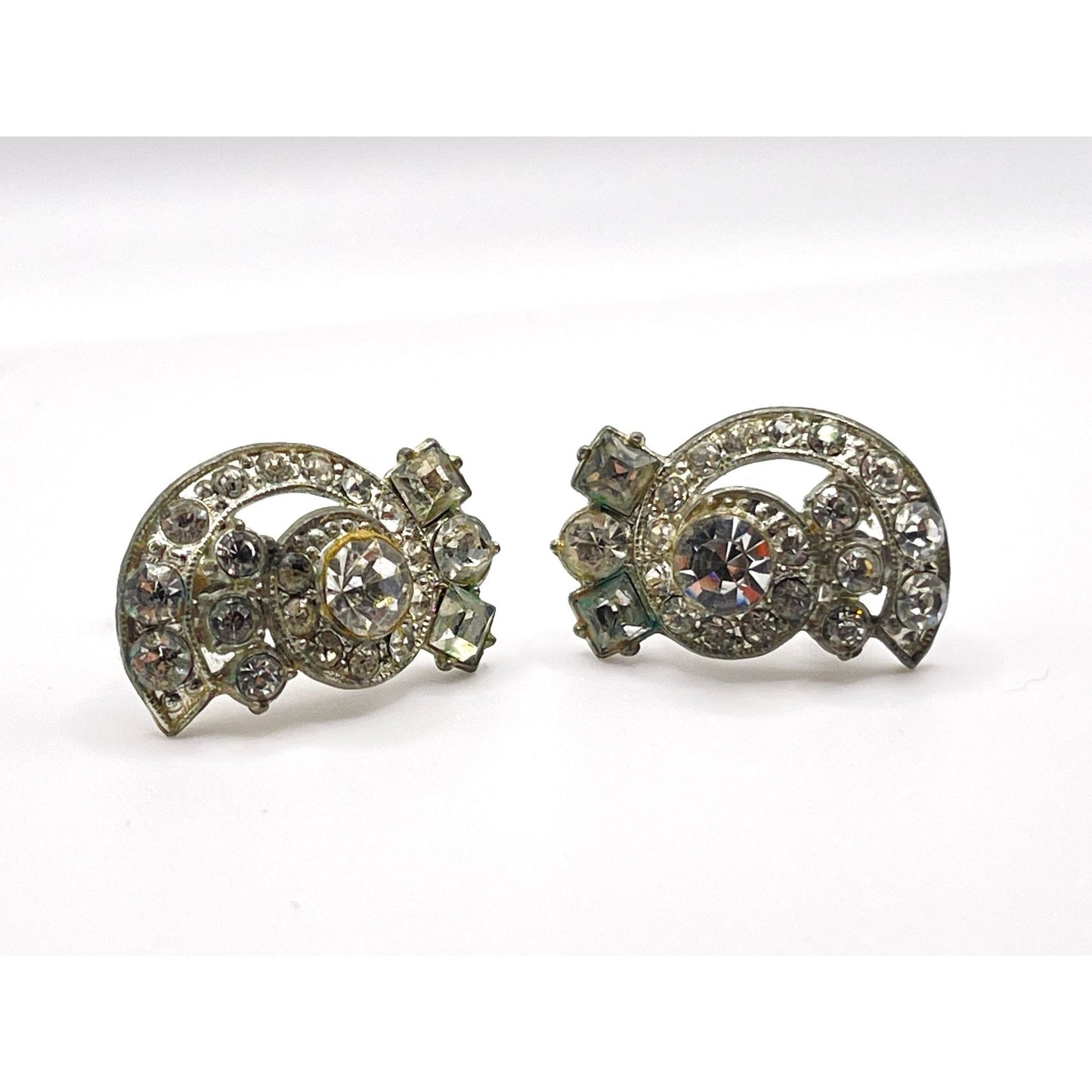 Vintage 1940's Silver With Unique Shape Rhinestone Earrings Screw Back Semi Circle Shape