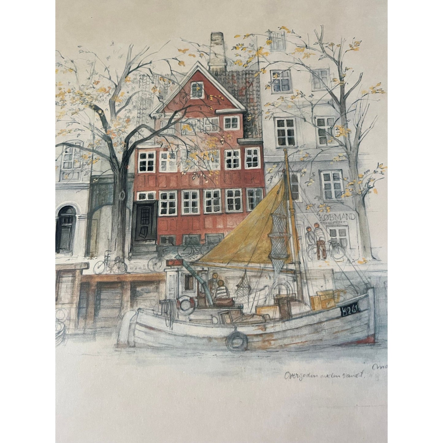 Vintage 1970's Print By Mads Stage Danish Artist With a Boat Maritime Theme Red House Along The Water Front