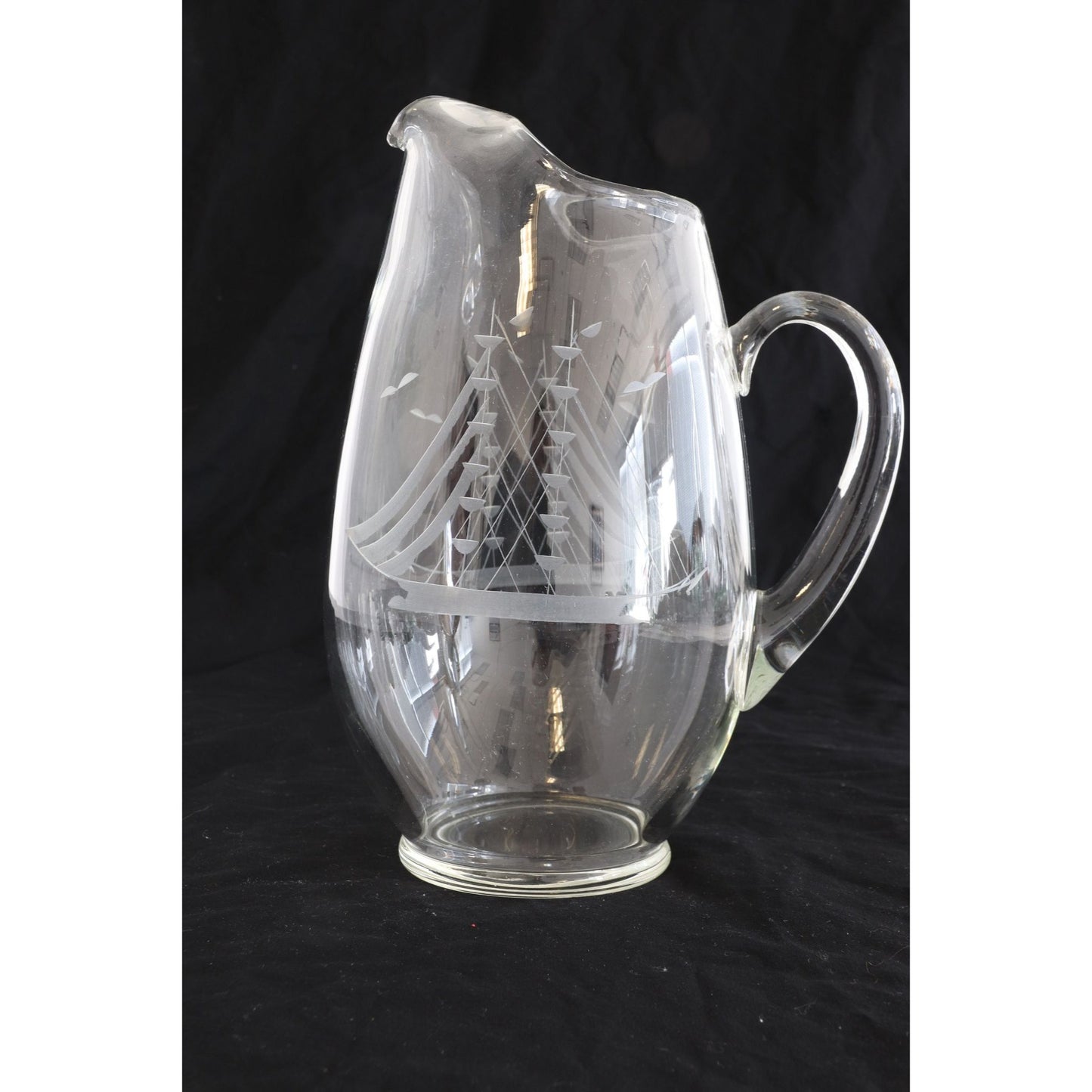 Vintage 1970's Large Glass Pitcher Tall Ship Etching 104 Oz. Sangria Water Juice Glass Pitcher 11" Tall